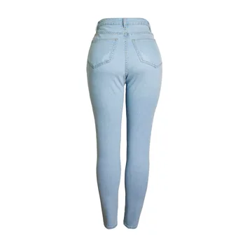 Karšto pardavimo Europos ir Amerikos rudenį moterų aukšto juosmens slim fit elastiniai džinsai, kelnės vientisos spalvos plauti slim džinsai