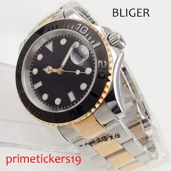 40mm Bliger sterilaus black dial keramikos bezel data lango automatinio judėjimo mens watch