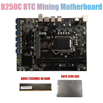 AU42 -B250C BTC Kasybos Plokštė su 120G SSD+DDR4 4GB 2133MHZ atmintis (RAM 12XPCIE su USB3.0 Kortelės Lizdas LGA1151 už BTC Miner